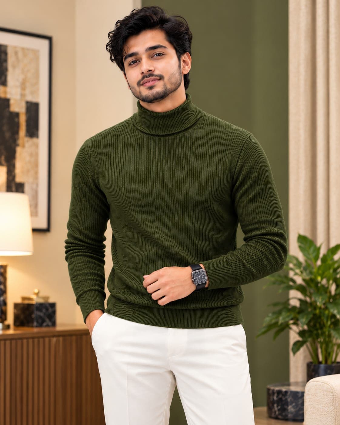Premium Ribbed Cotton High Keck-Olive Colour