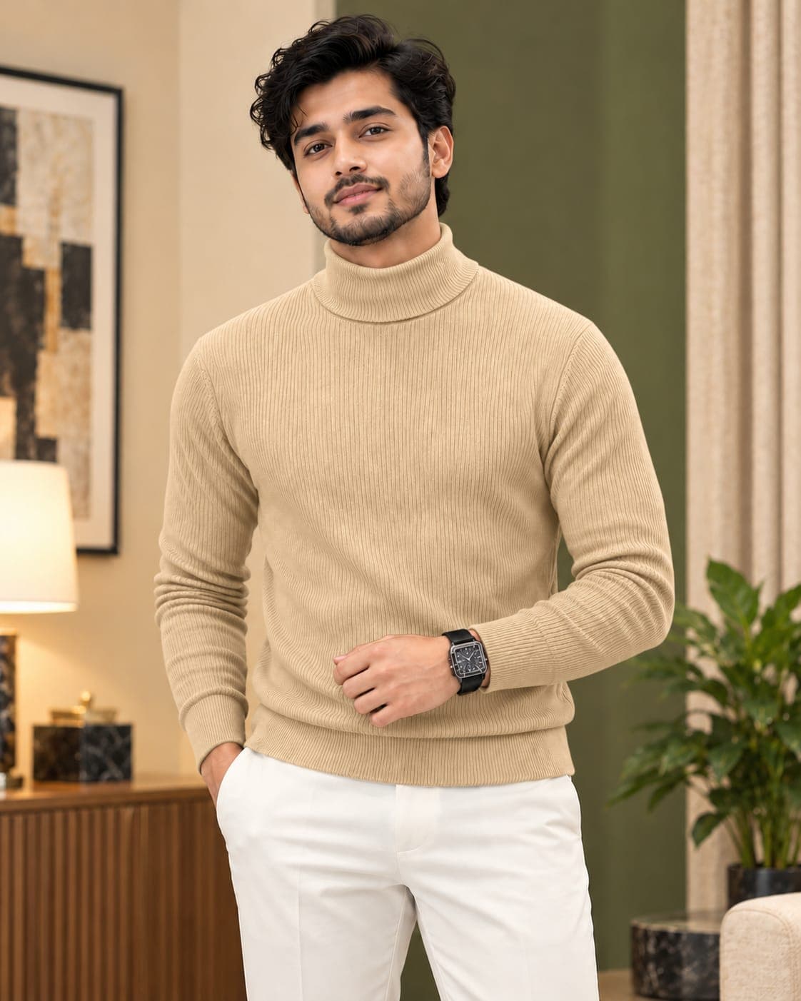 Premium Ribbed Cotton High Keck-Brown Colour