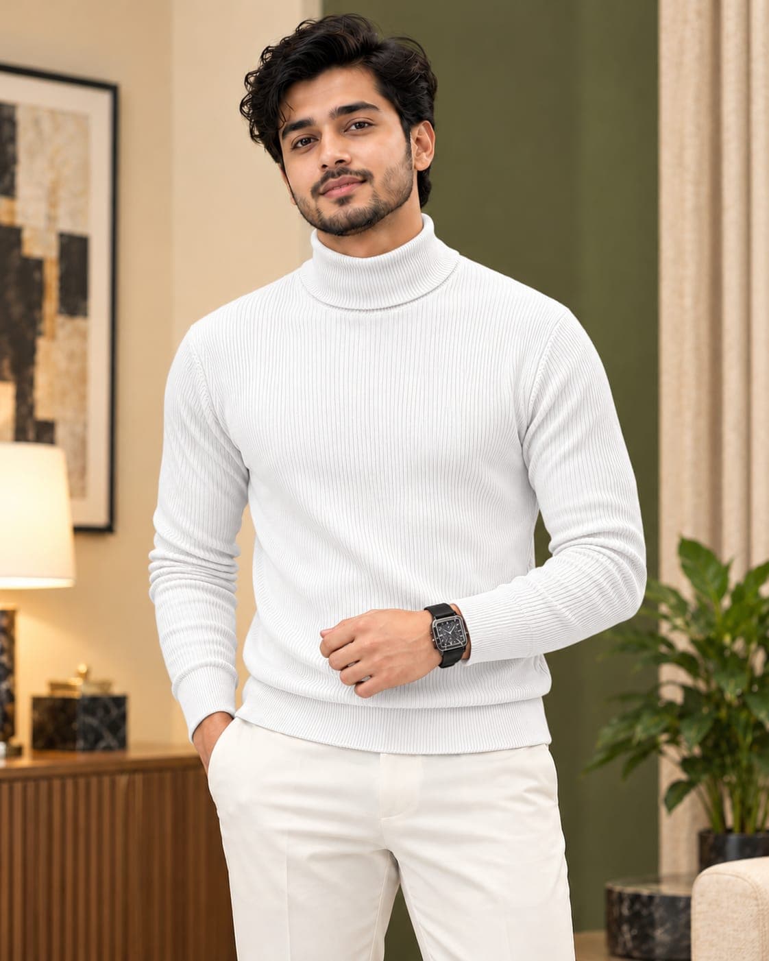 Premium Ribbed Cotton High Keck-White Colour