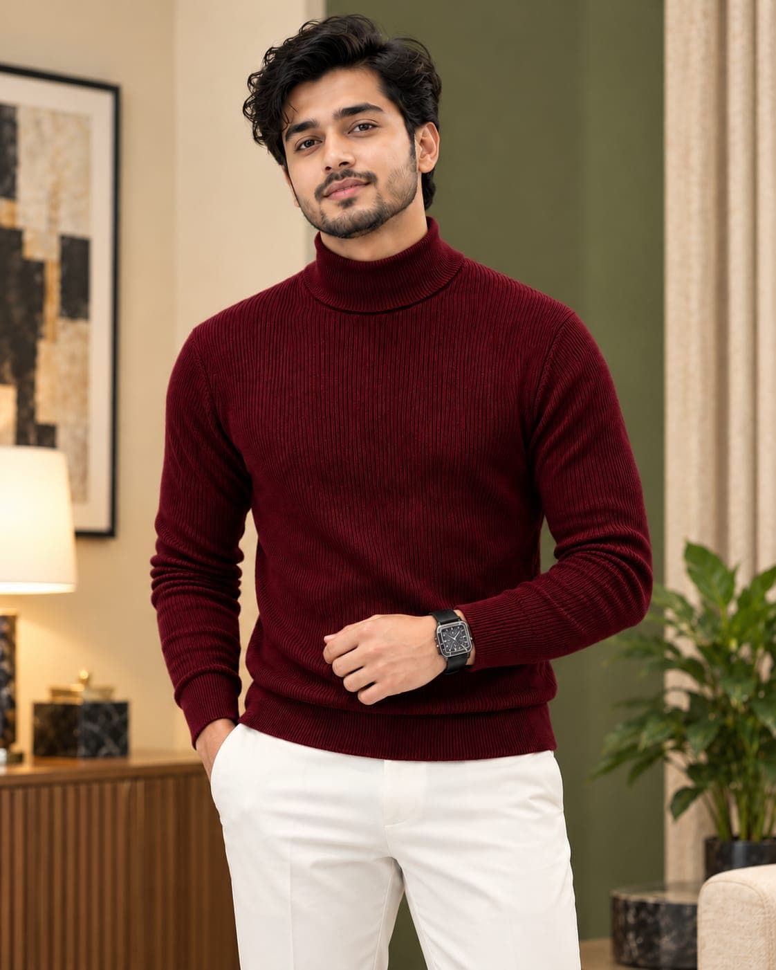 Premium Ribbed Cotton High Keck-Meroon Colour