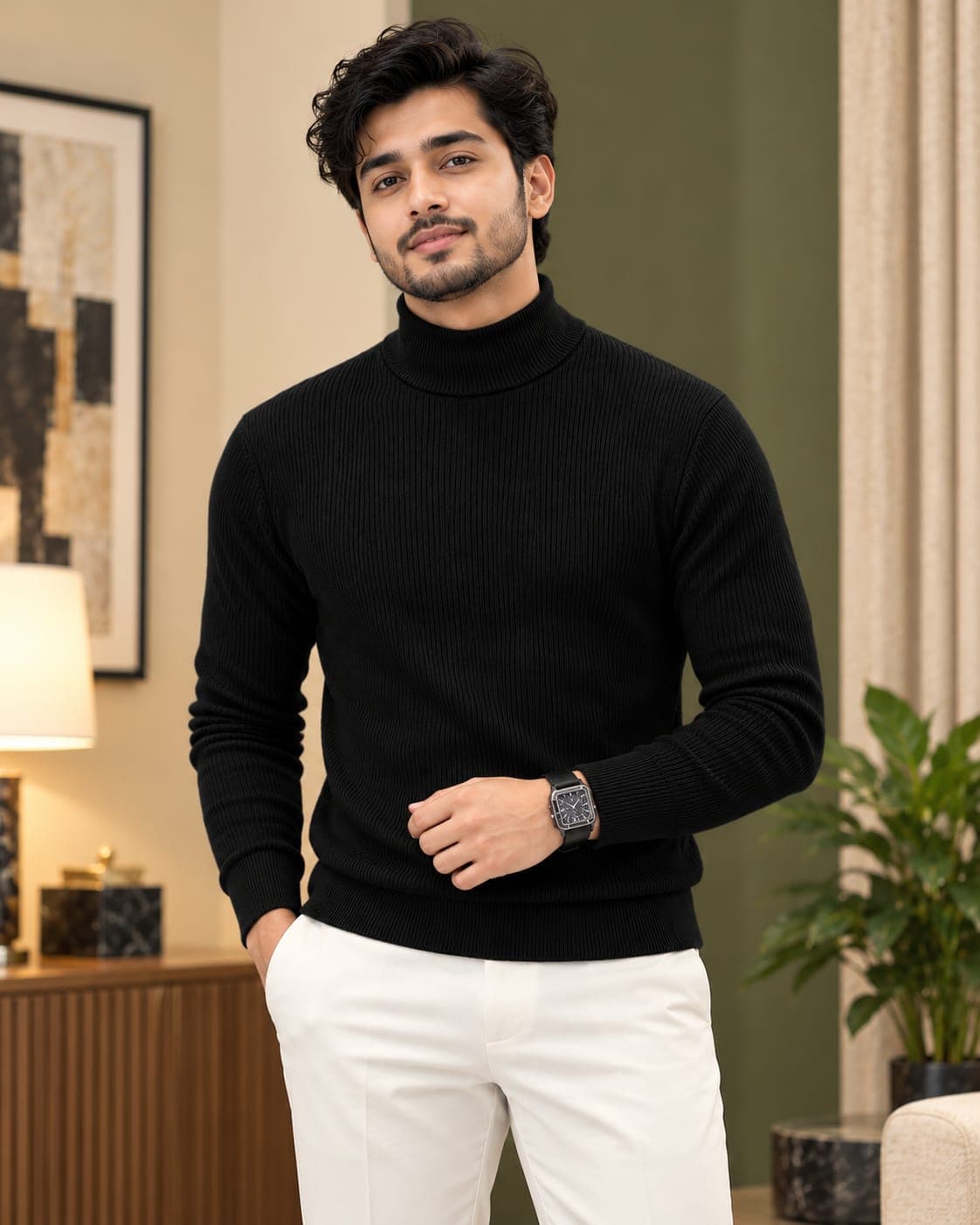 Premium Ribbed Cotton High Keck-Black Colour
