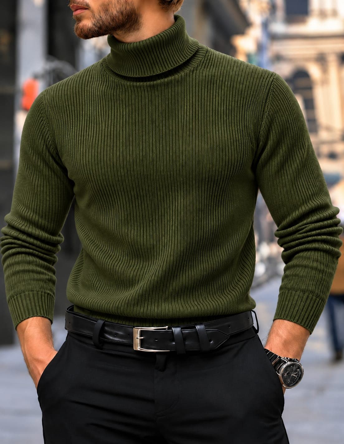 Premium Ribbed Cotton High Keck-Olive Colour