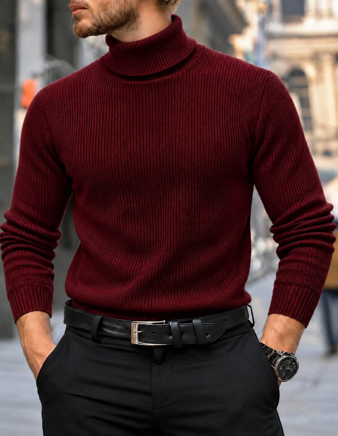 Premium Ribbed Cotton High Keck-Meroon Colour