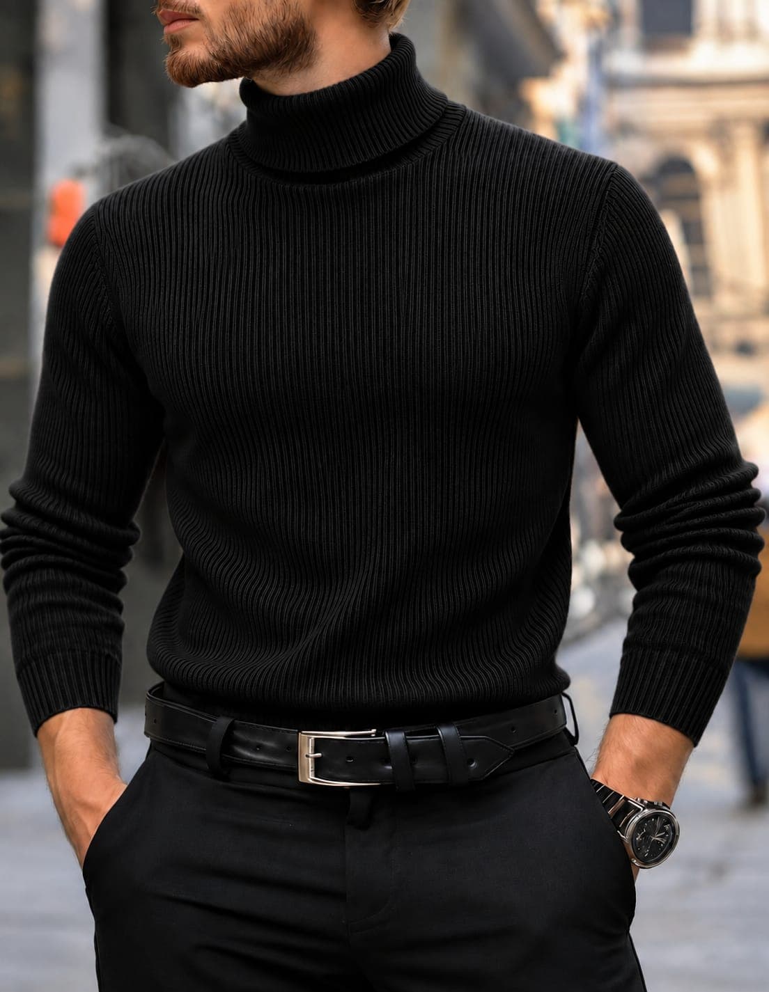 Premium Ribbed Cotton High Keck-Black Colour